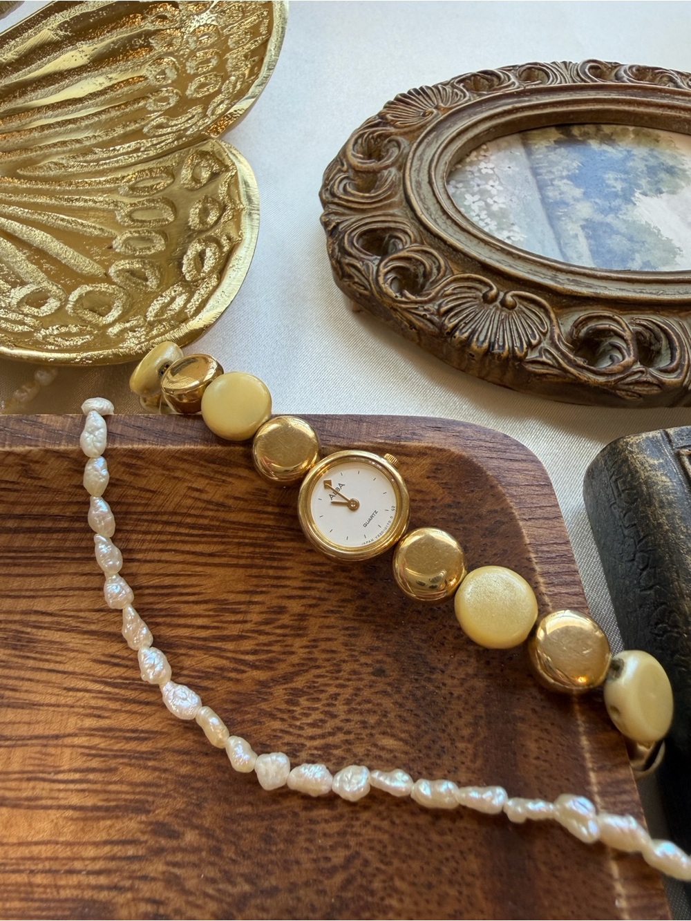 Rare vintage Alba gold watch with yellow beads and mini dial